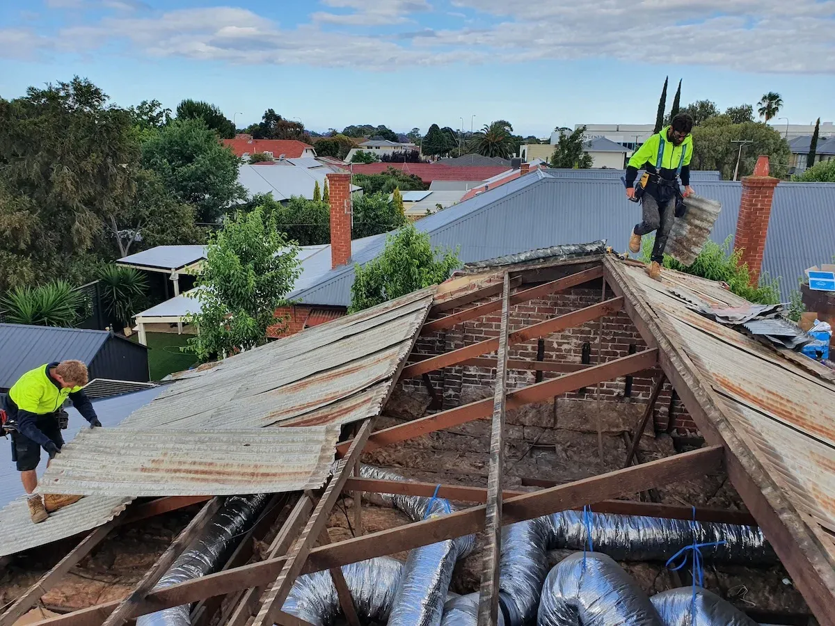 Two Oz-Adelaide roofers stripping rusted sheeting from an Adelaide roof